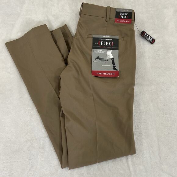 Van Heusen Mens Size 30 X 32 Khaki Flex Straight-Fit No-Iron Dress Pants NWT - Picture 1 of 14
